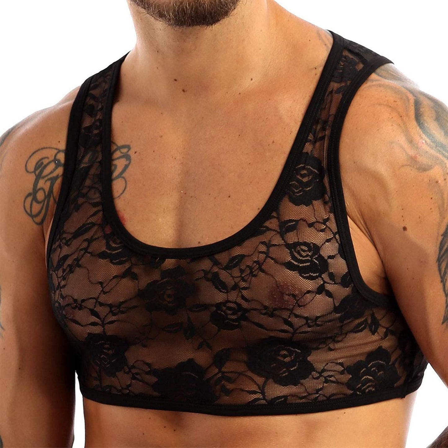TAIKMD Men's Sissy Lace Floral Mesh Sleeveless Muscle Fitted Vest See Through Half T-Shirt Top Undershirt (Black, X-Large)