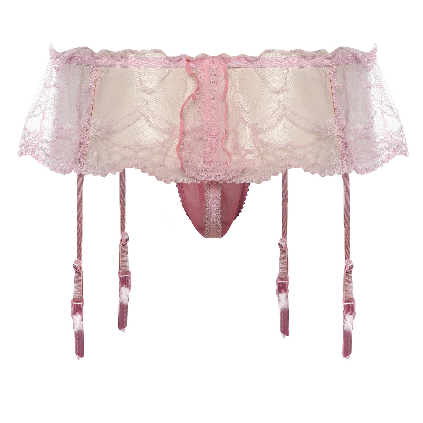 WINTOFW Lace Sissy Pouch Panties for Men Crossdressers Men's Lingerie Skirt G-String Underwear Briefs with Garters, Thongs#pink Lace, One Size
