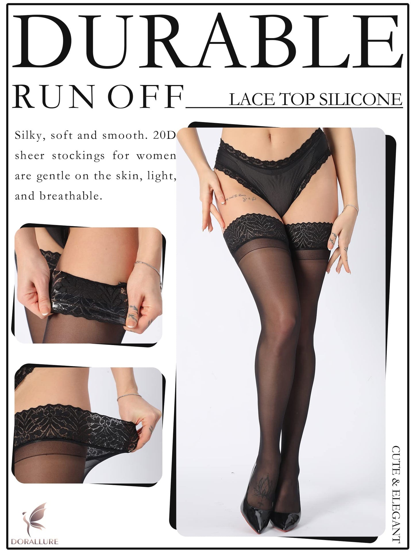 Thigh High Stockings Silicone Lace Top Stay Up Silky Semi Sheer Pantyhose for Women Hold Up Nylon DORALLURE