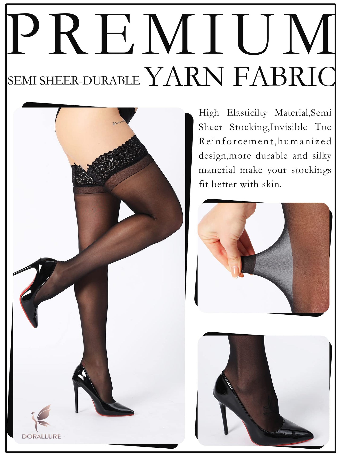 Thigh High Stockings Silicone Lace Top Stay Up Silky Semi Sheer Pantyhose for Women Hold Up Nylon DORALLURE
