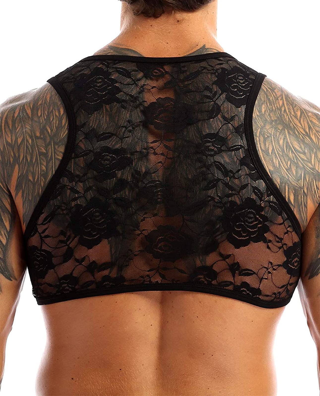 TAIKMD Men's Sissy Lace Floral Mesh Sleeveless Muscle Fitted Vest See Through Half T-Shirt Top Undershirt (Black, X-Large)