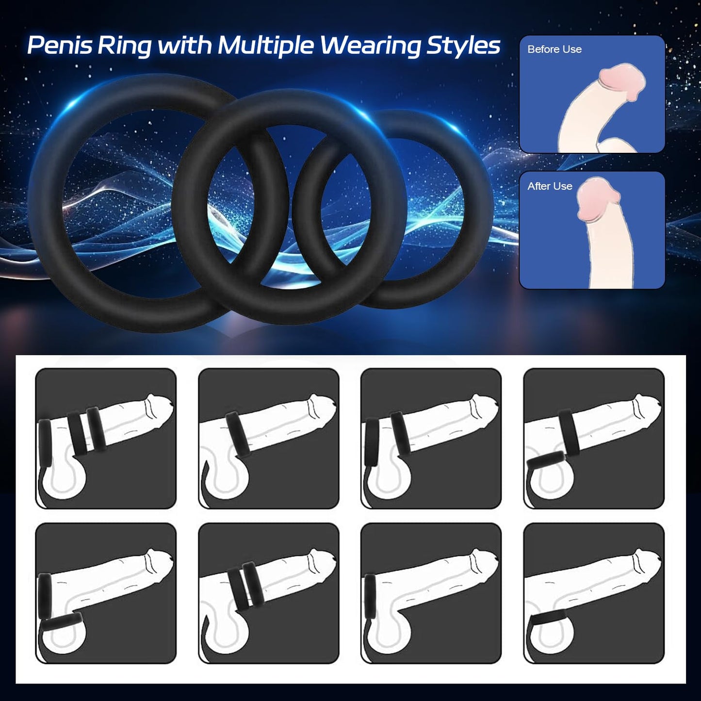 KO-Stretchy Silicone Male Circle Extension Ring Band Kit Restraints Rings for Men Couples Beginners (3 PCS)