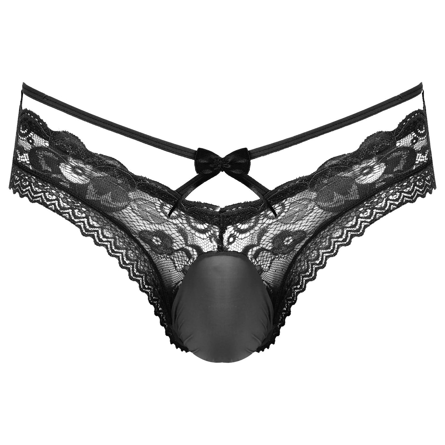Loloda Men's Sissy Lace Trim Thong Underwear Low Waist Panties See Through Pouch Briefs Black X-Large