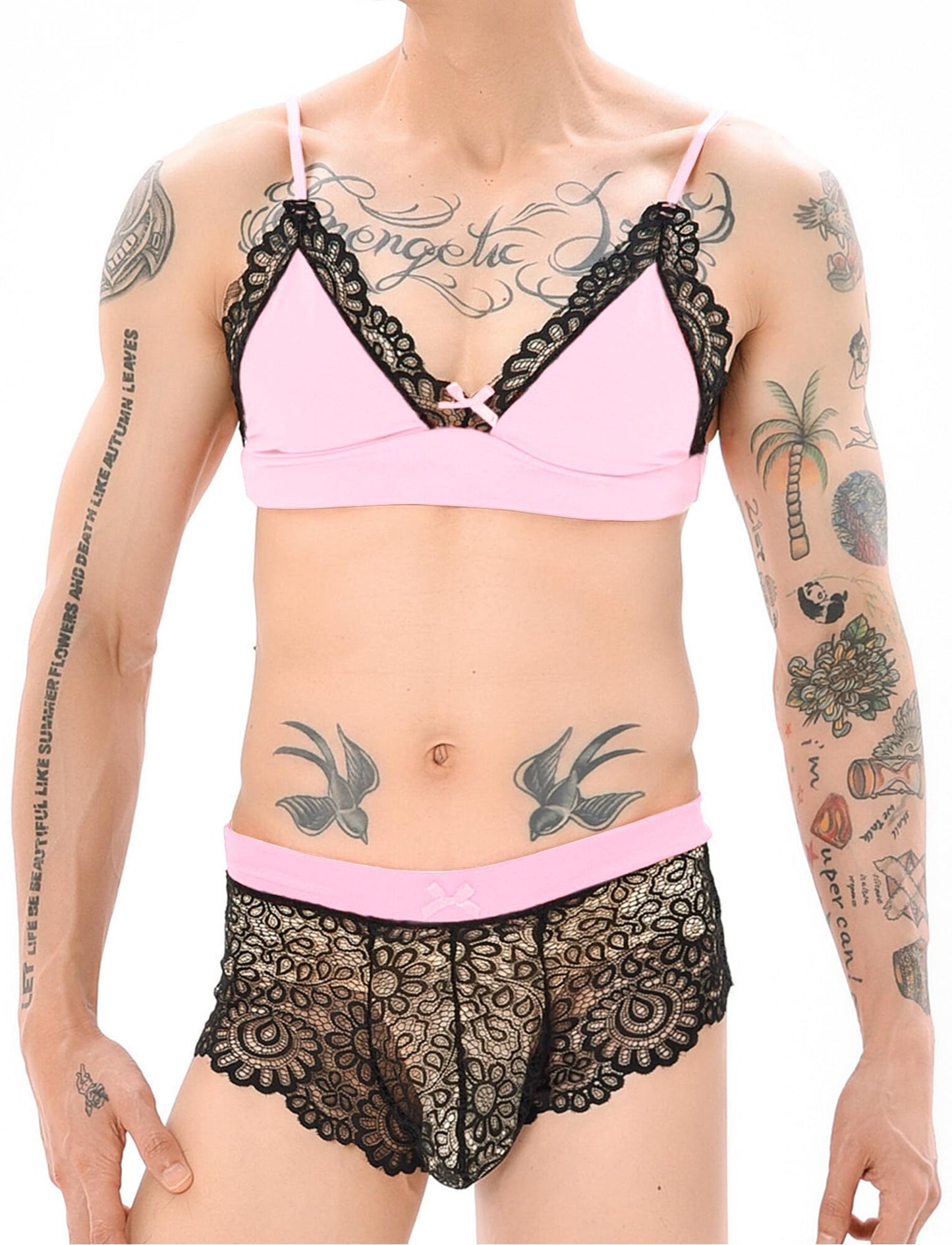 SEAUR - Men Underwear Set Bikini Lingerie Set Men's Sissy Lingerie Lace Bra Top Briefs with Long Stockings 2/3 Piece