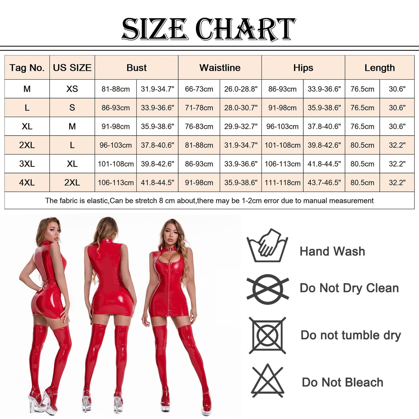 Women's Wet Look PVC Leather Mini Dress Front Zipper Bodycon Lingerie Sleeveless Clubwear Red, XL