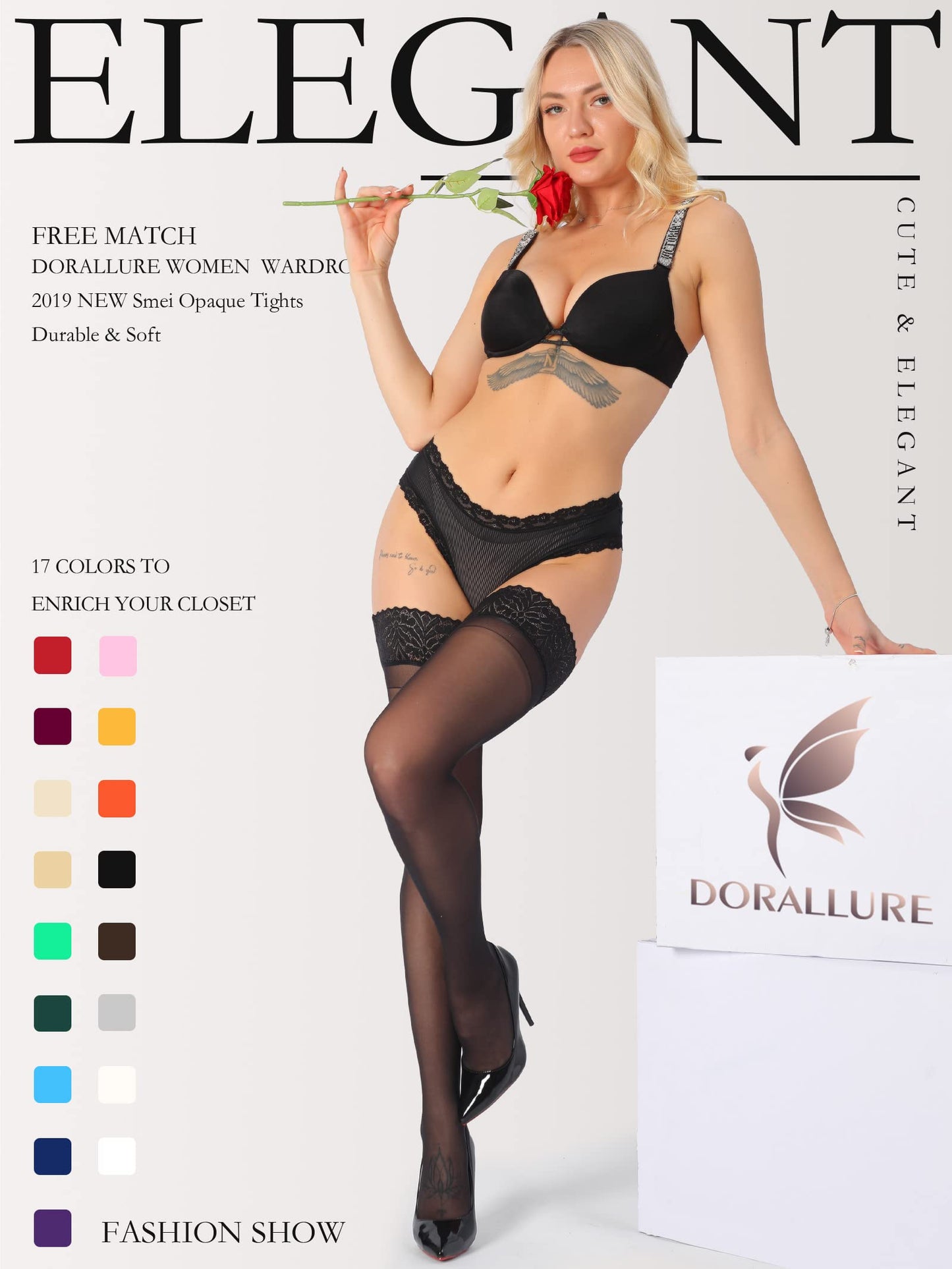 Thigh High Stockings Silicone Lace Top Stay Up Silky Semi Sheer Pantyhose for Women Hold Up Nylon DORALLURE