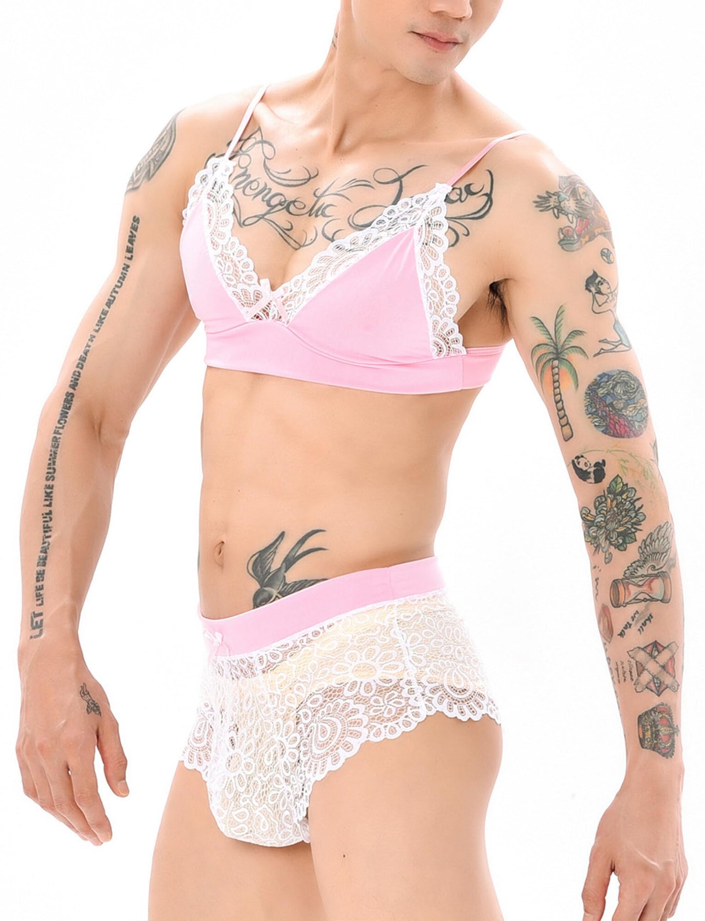 Men’s Sissy Lace Underwear Sheer Floral Lingerie Stretch Breathable Low Rise Panties Crossdressers Stockings 4pcs Pink M