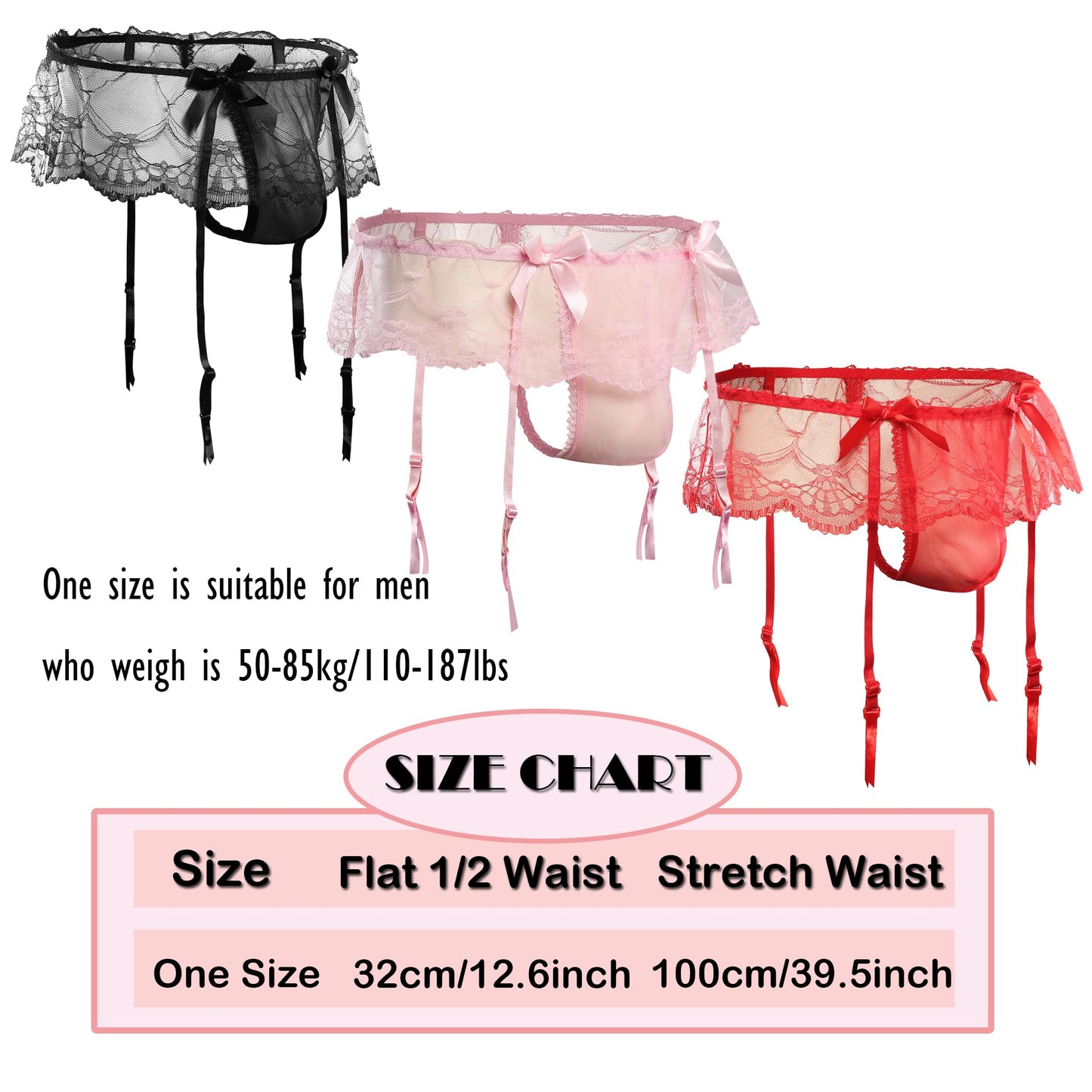 WINTOFW Lace Sissy Pouch Panties for Men Crossdressers Men's Lingerie Skirt G-String Underwear Briefs with Garters, Thongs#pink Lace, One Size
