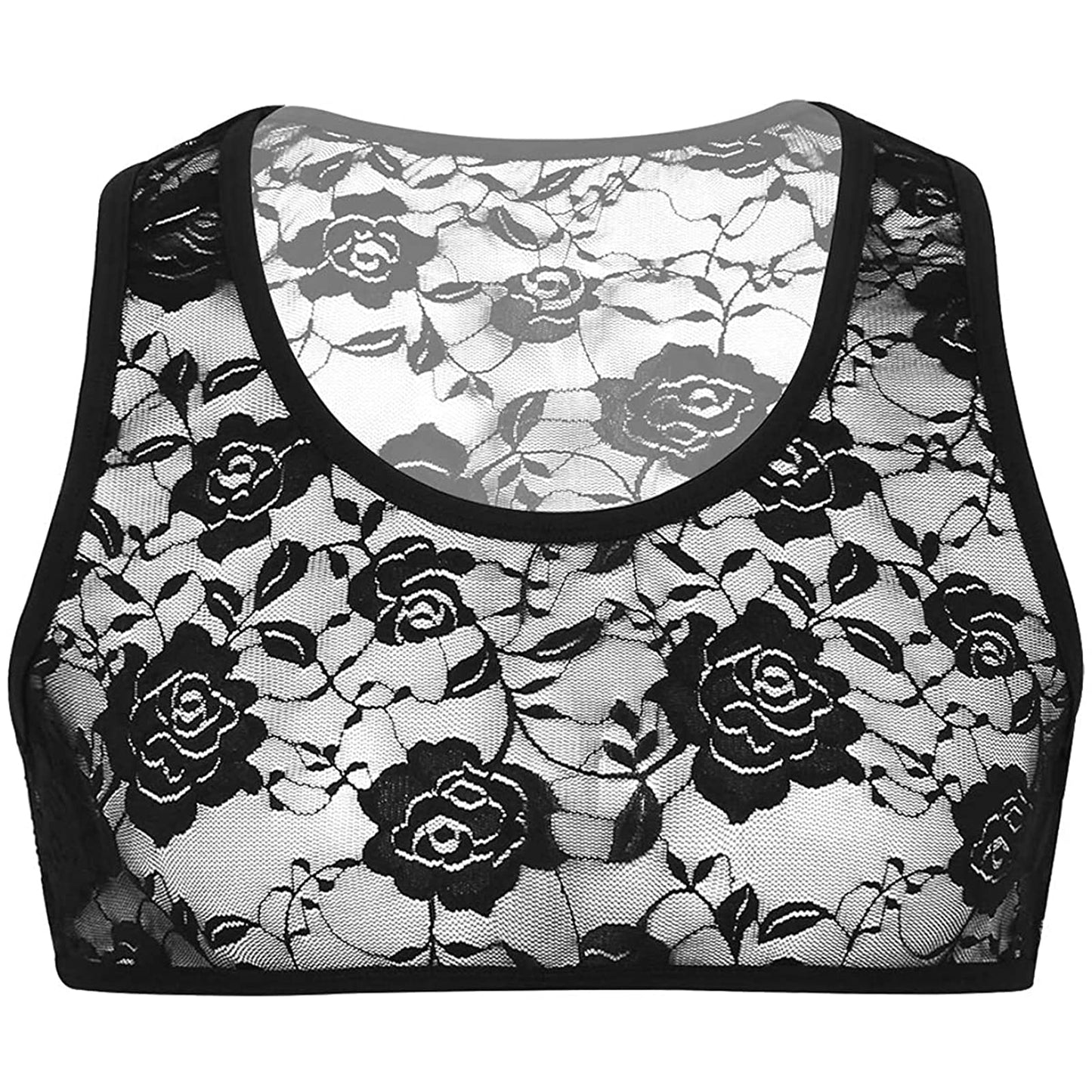 TAIKMD Men's Sissy Lace Floral Mesh Sleeveless Muscle Fitted Vest See Through Half T-Shirt Top Undershirt (Black, X-Large)