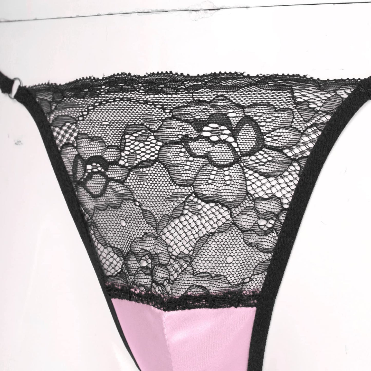dPois Mens Sissy Underwear Transgender Outfits Silky Satin Lace Patchwork Bra and Panty Set Pink Large