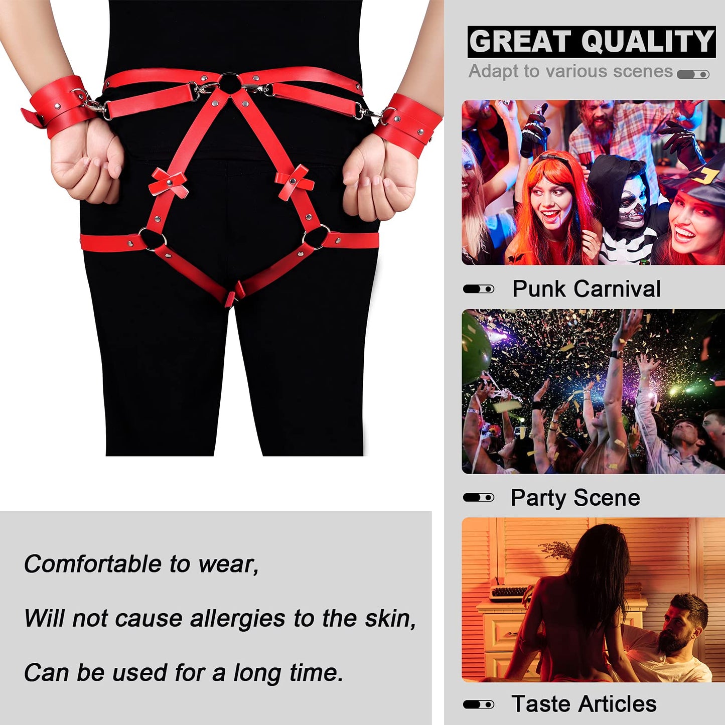 Women's Leather Body Wrist Lock Harness Punk Garter Belt Belt Leg Belt Adjustment Size Halloween Rave (Red)
