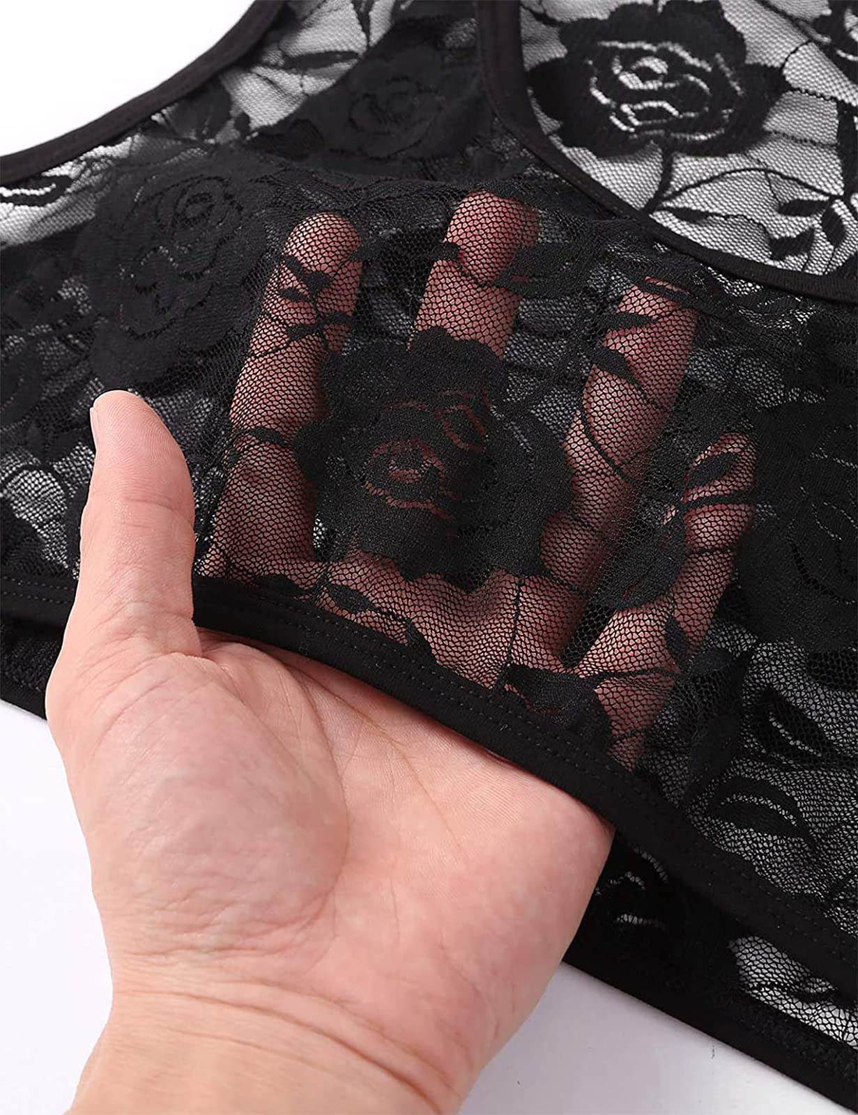 TAIKMD Men's Sissy Lace Floral Mesh Sleeveless Muscle Fitted Vest See Through Half T-Shirt Top Undershirt (Black, X-Large)