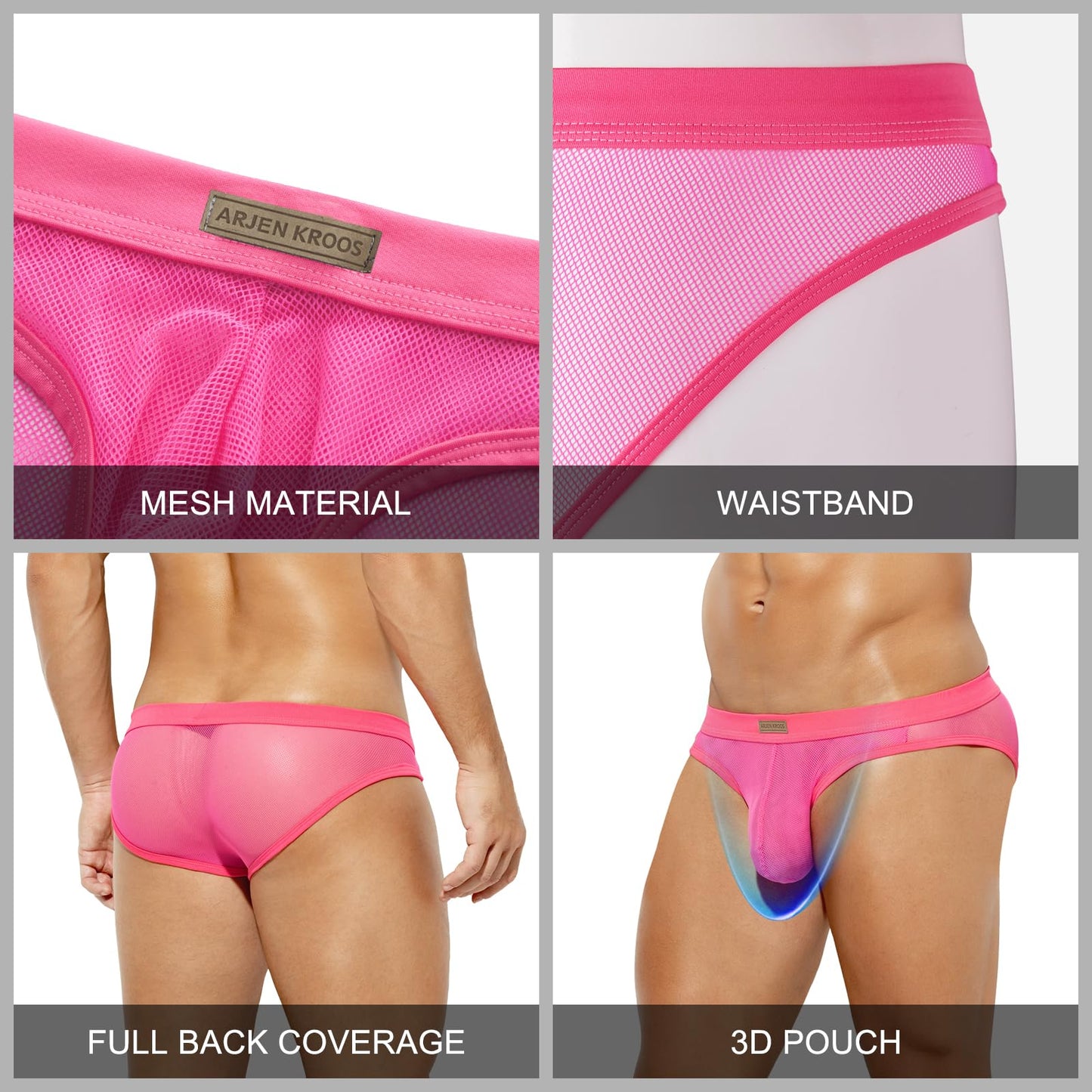 Arjen Kroos Men's Sexy Low Rise Underwear Breathable Mesh Briefs,PINK-AK2167,Medium