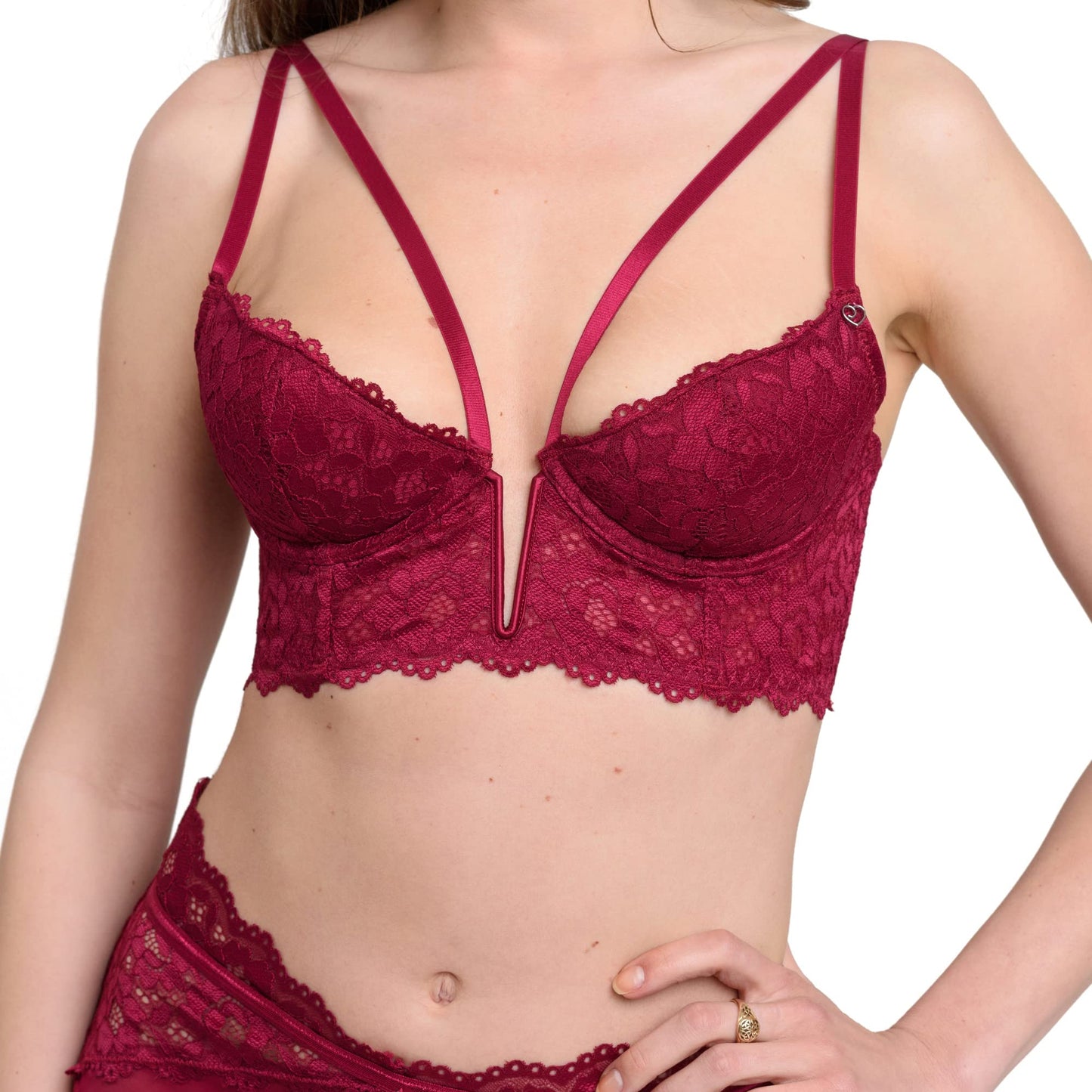 Lovehoney Lingerie Parisienne Red Lace Plunge Longline Bra and Crotchless Thong Set - Lightly Padded Underwired Cups - Size 6-8
