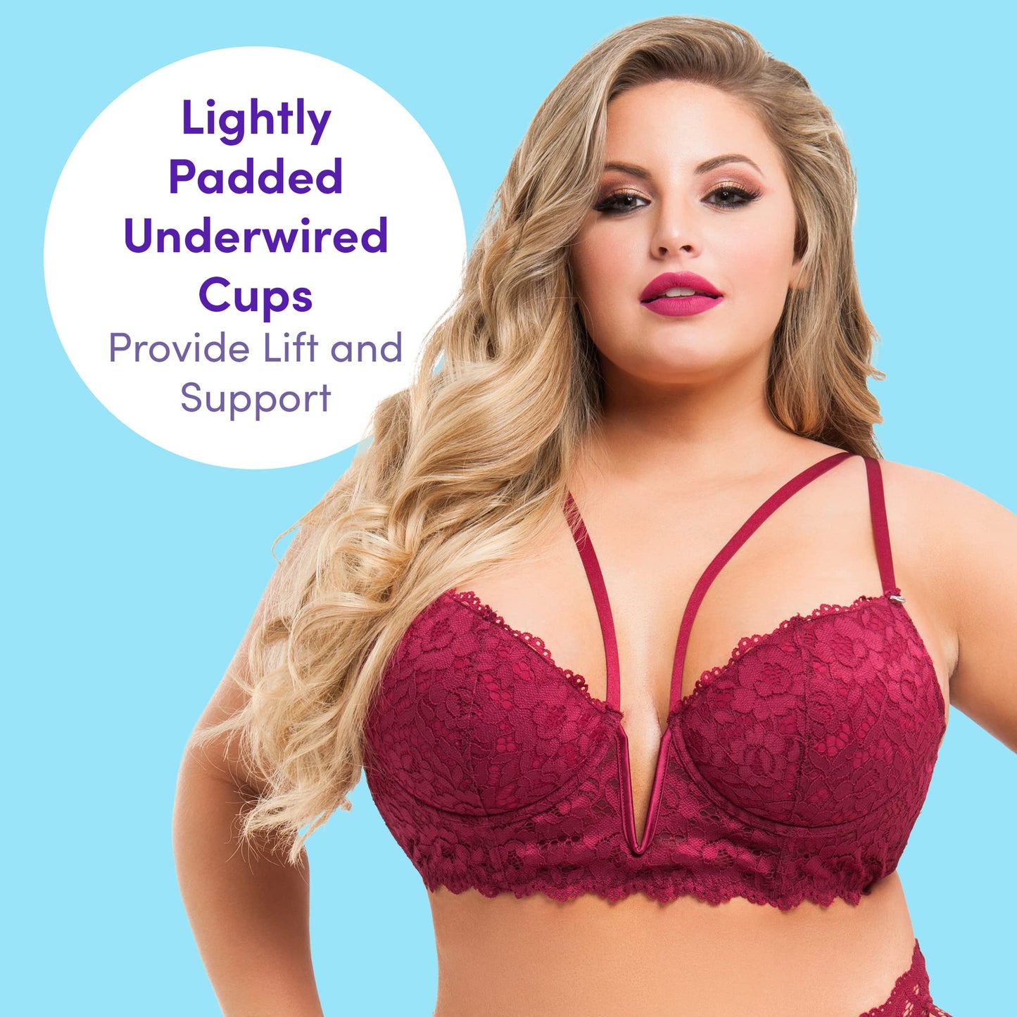Lovehoney Lingerie Parisienne Red Lace Plunge Longline Bra and Crotchless Thong Set - Lightly Padded Underwired Cups - Size 6-8