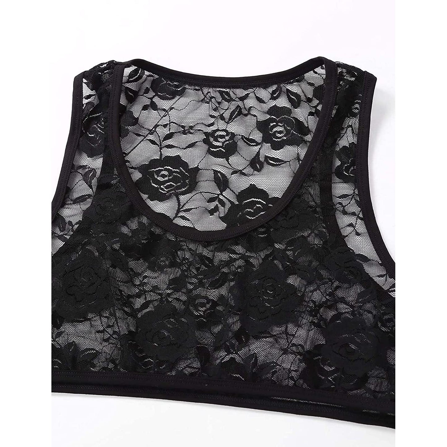 TAIKMD Men's Sissy Lace Floral Mesh Sleeveless Muscle Fitted Vest See Through Half T-Shirt Top Undershirt (Black, X-Large)