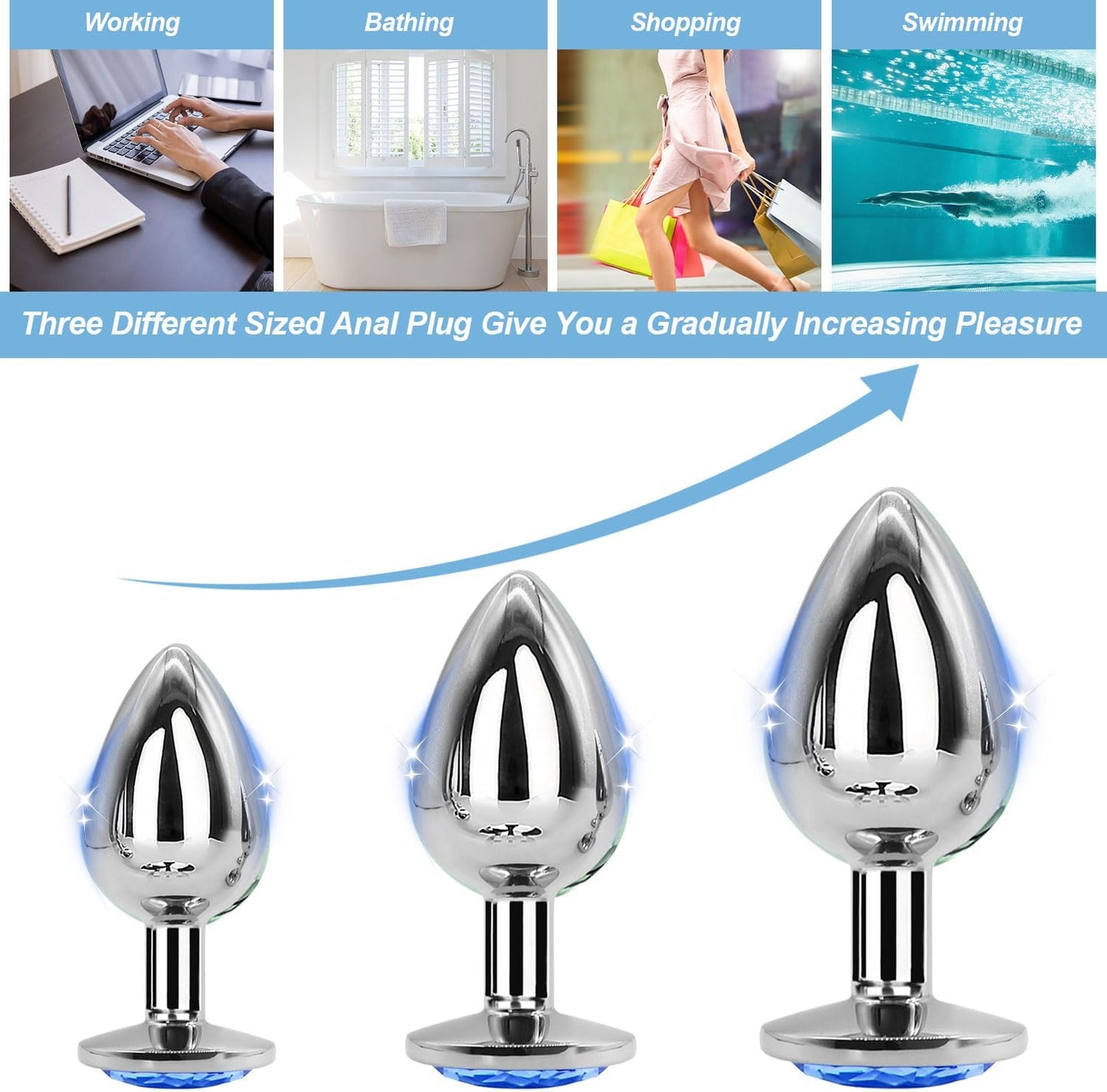 BKL3-3 Sizes of Stainless Steel Universal Exercise Plug Kit for Men and Women (Blue) Male Exercise Metal Crystal Diamond Beginner Plug Kit