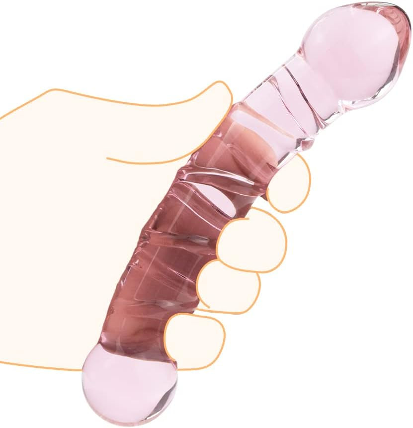 Glass Pleasure Wand, Crystal Double-Ended Dildo Penis with Raised Swirl Texture Mushroom Tip, Anal Butt Plug for G-Spot Stimulation