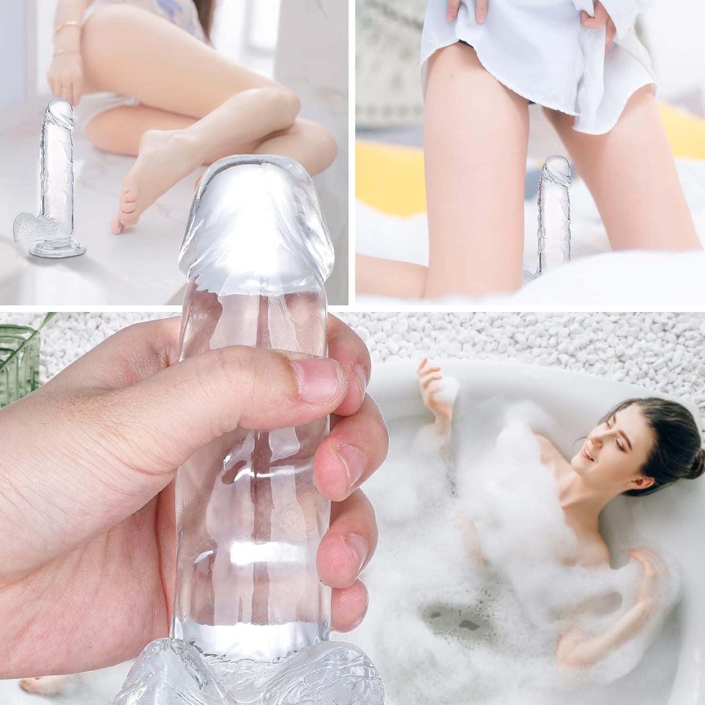 Realistic Dildos, 7.3 Inch Clear Dildo with Suction Cup for Hands-Free Play, Flexible Clear Dildo with Curved Shaft Balls for Vaginal G-Spot and Anal Play