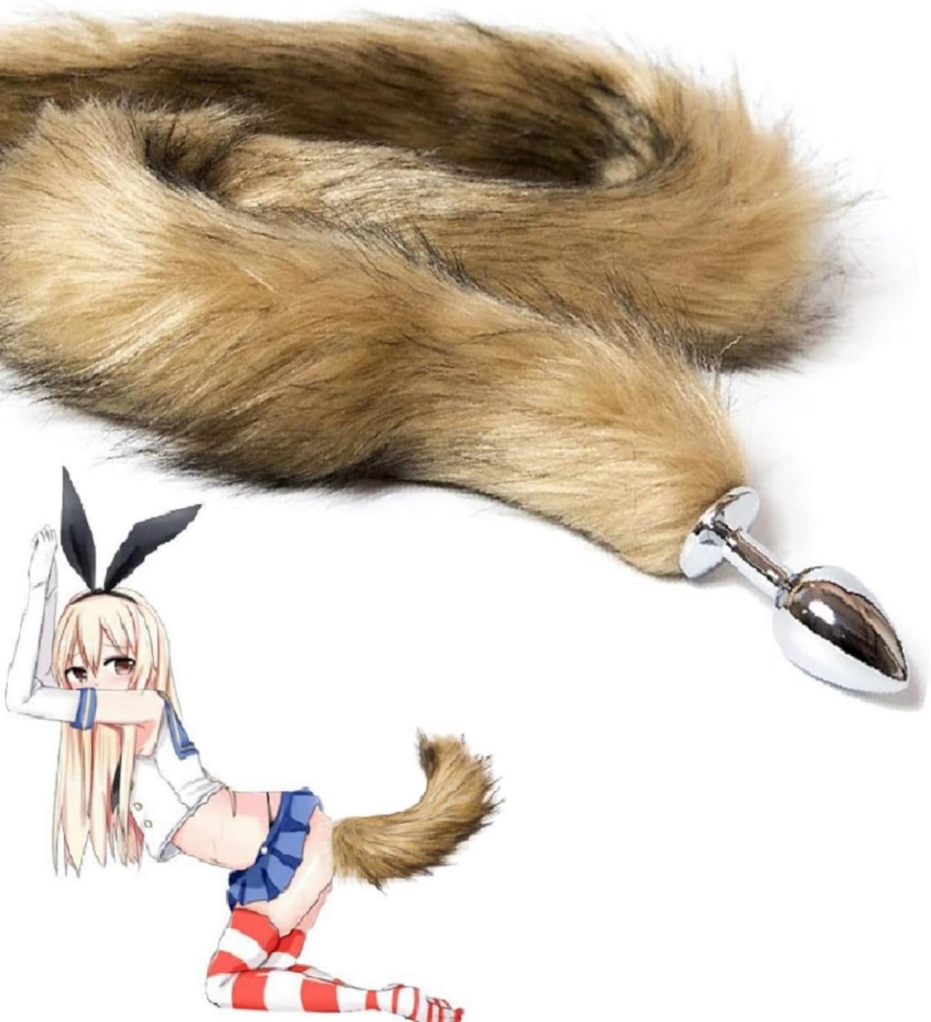 Pb6T-Male Exercise Metal Fox Tail Beginner Plug Kit 16.7 Inch Stainless Steel Faux Fox Fur Men'S Exercise Set and Plush Women'S Roleplay Game (Yellow)