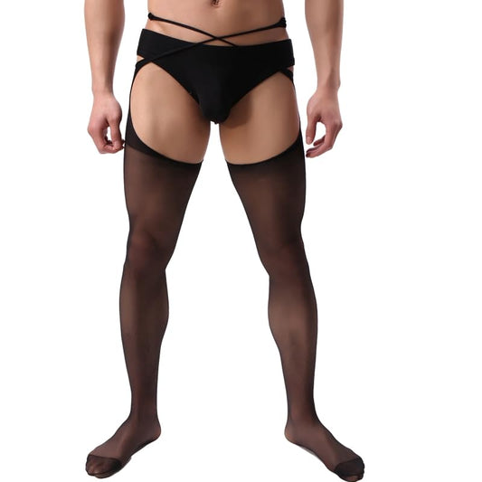 Mens Cross Open Thin High Waist Tights Stockings Fishnets Suspender Garter Sissy Pantyhose for Men and Gay, Black, X-Large