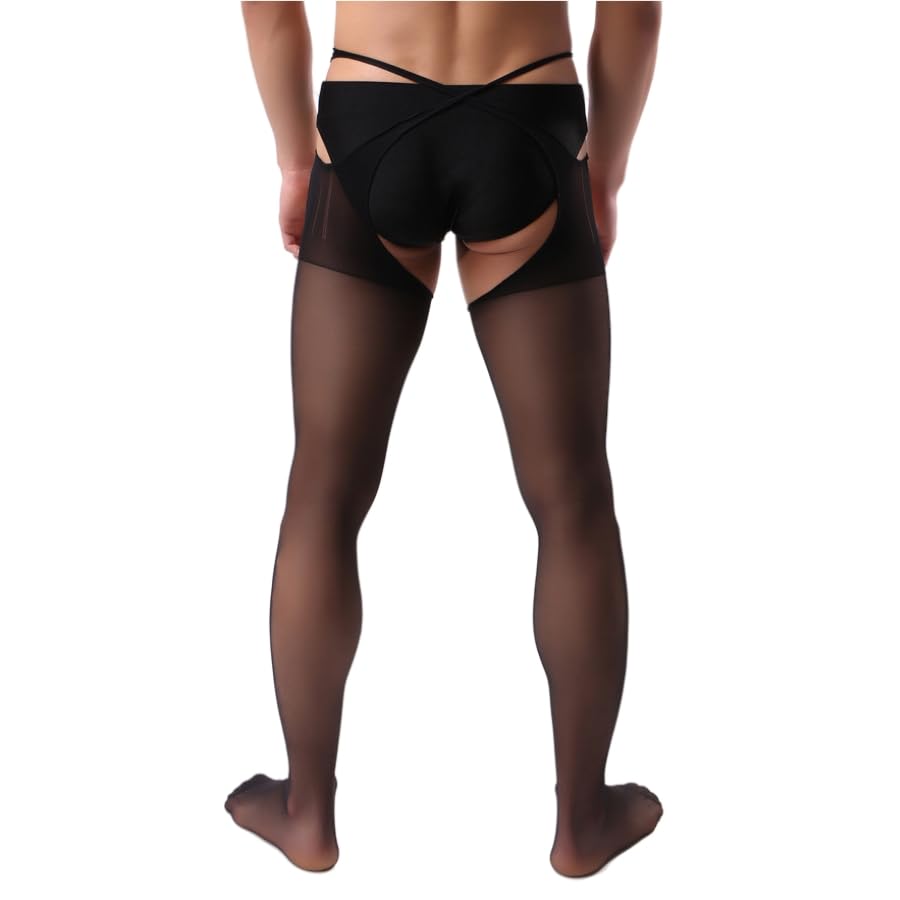 Mens Cross Open Thin High Waist Tights Stockings Fishnets Suspender Garter Sissy Pantyhose for Men and Gay, Black, X-Large
