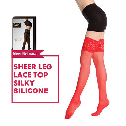 Thigh High Stockings with Silicone - Sheer Lace Top Nylon Stay Up Pantyhose for Women (15D Red, L, l)
