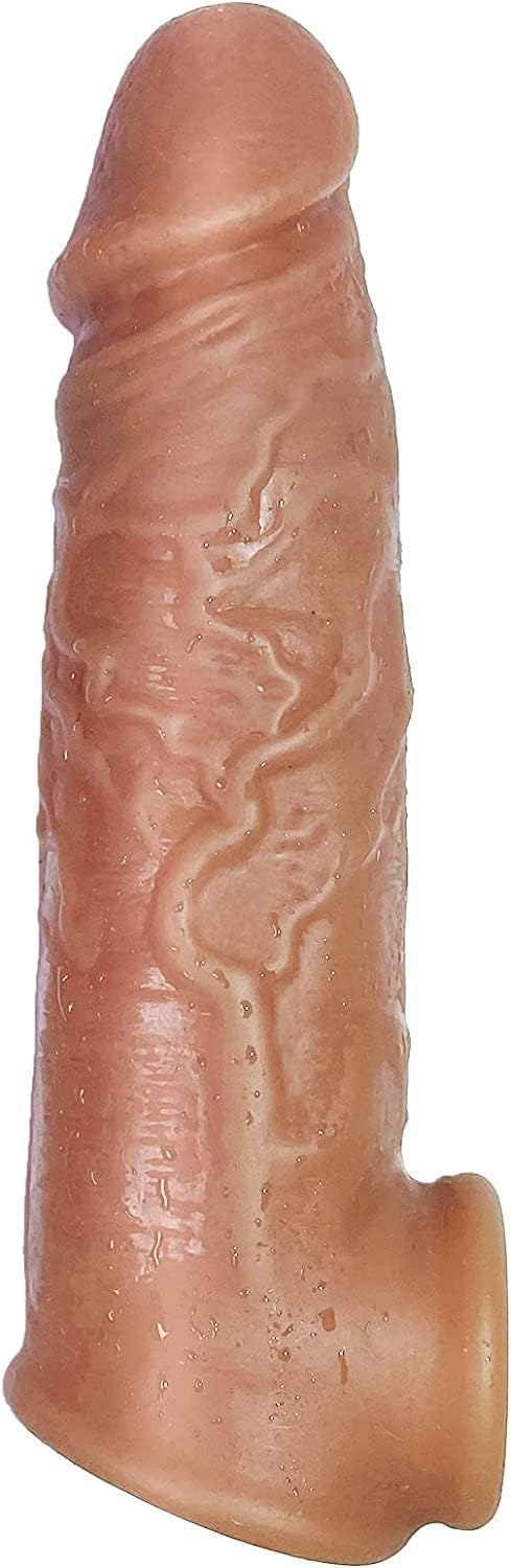 Liquid Silicone Penis Sleeve Extender Sex Toy, Reusable Real Textured Super Stretchy Penis Cock Enlarger,Delay Ejaculation for Men Gay Extension Brown