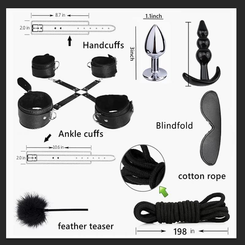 LEQC BDSM Restraints Sex Toys 15pc Bondage Restraints Set Fetish Bed Restraints Kits for Beginners Light SM Adult Games Safe BDSM Cuffs Nipple Clamps Flogger Ball Gag Blindfold Rope Black Cosplay