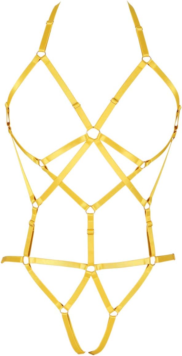 BBOHSS Womens Body Harness Lingerie Set Elastic Cage Bra Harness Garter Belt Gothic (Orange Yellow)