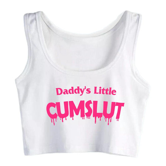 Humor Fun Flirty Daddy's Little Cumslut Print Tank Top Print Yoga Sport Workout Crop Top Gym Tops, White, Small