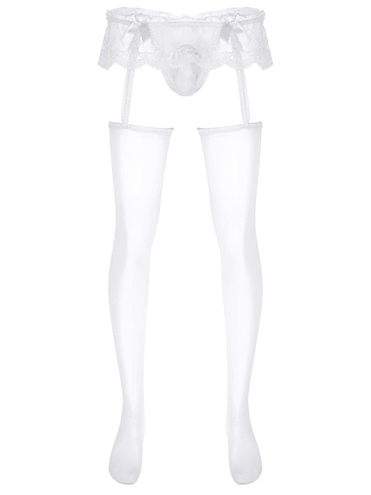 dPois Men's Frilly Skirted Sissy Lace Thongs Panties G-String Garter Belt Crossdress Lingerie Pantyhose White One Size