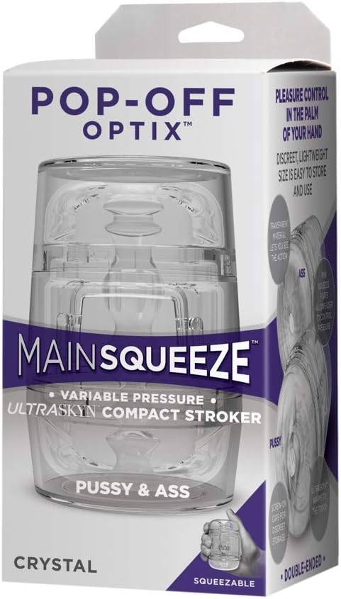 Doc Johnson Main Squeeze - POP-OFF - OPTIXâ„¢ - Palm Sized Variable Pressure ULTRASKYNâ„¢ Compact Stroker - Dual Entry - Squeezable grip allows users to control pressure & suction - Crystal Clear