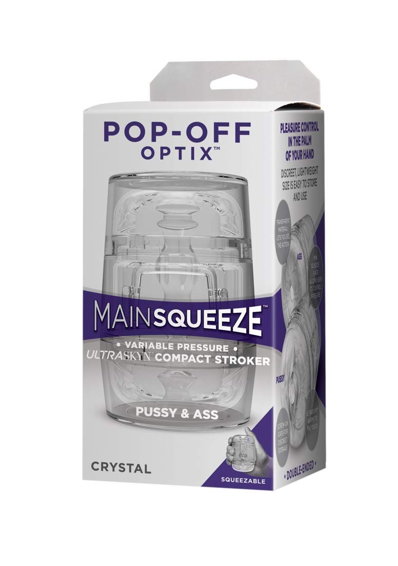 Doc Johnson Main Squeeze - POP-OFF - OPTIXâ„¢ - Palm Sized Variable Pressure ULTRASKYNâ„¢ Compact Stroker - Dual Entry - Squeezable grip allows users to control pressure & suction - Crystal Clear