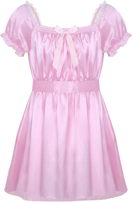 LiiYii Men's Sissy Lingerie Shiny Satin Dress Ruffled Frilly Crossdressing Pajamas Sleepwear Pink Large