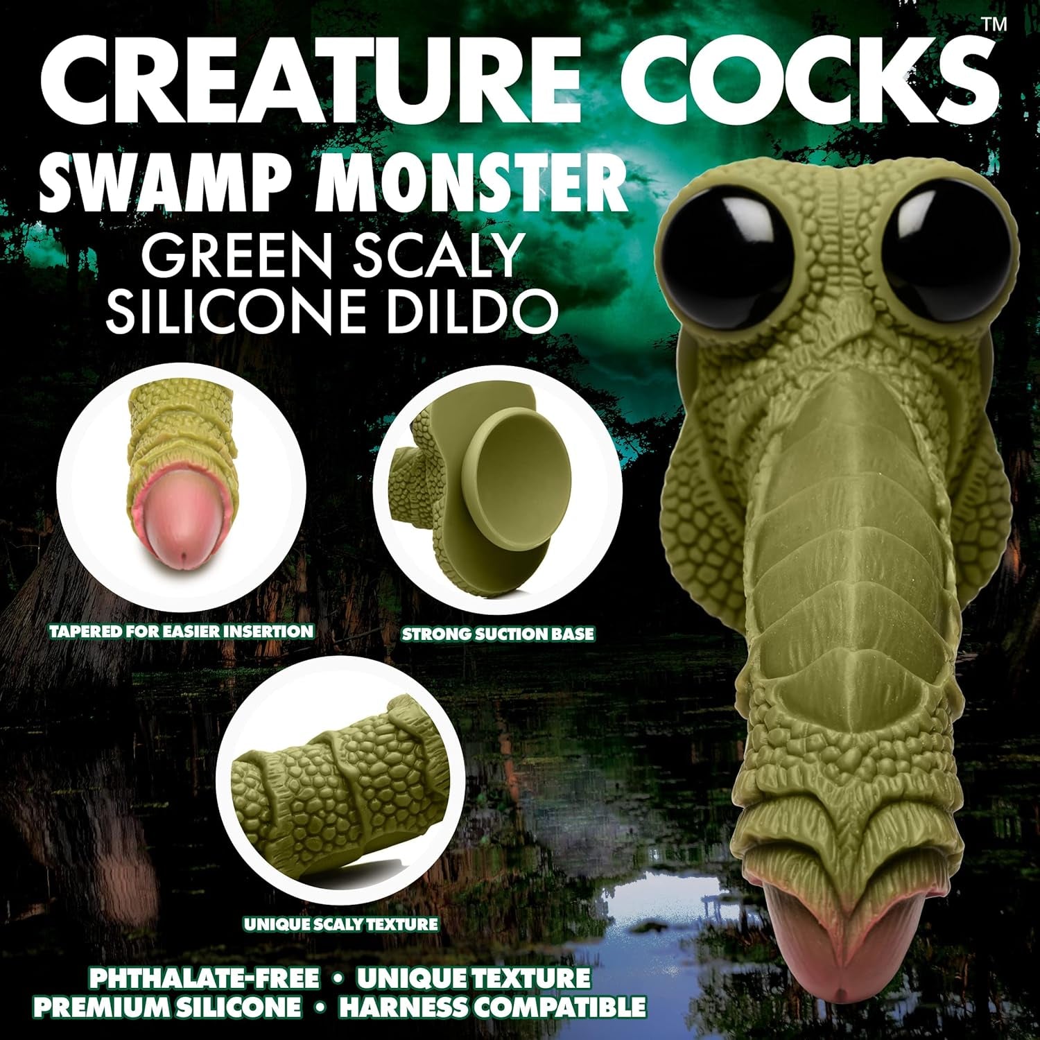 Swamp Monster Dildo Made with Premium Silicone for Men Women & Couples, Fantasy Role Play, Harness Compatible with Strong Suction Base Phthalate-Free, 1 Piece - Green