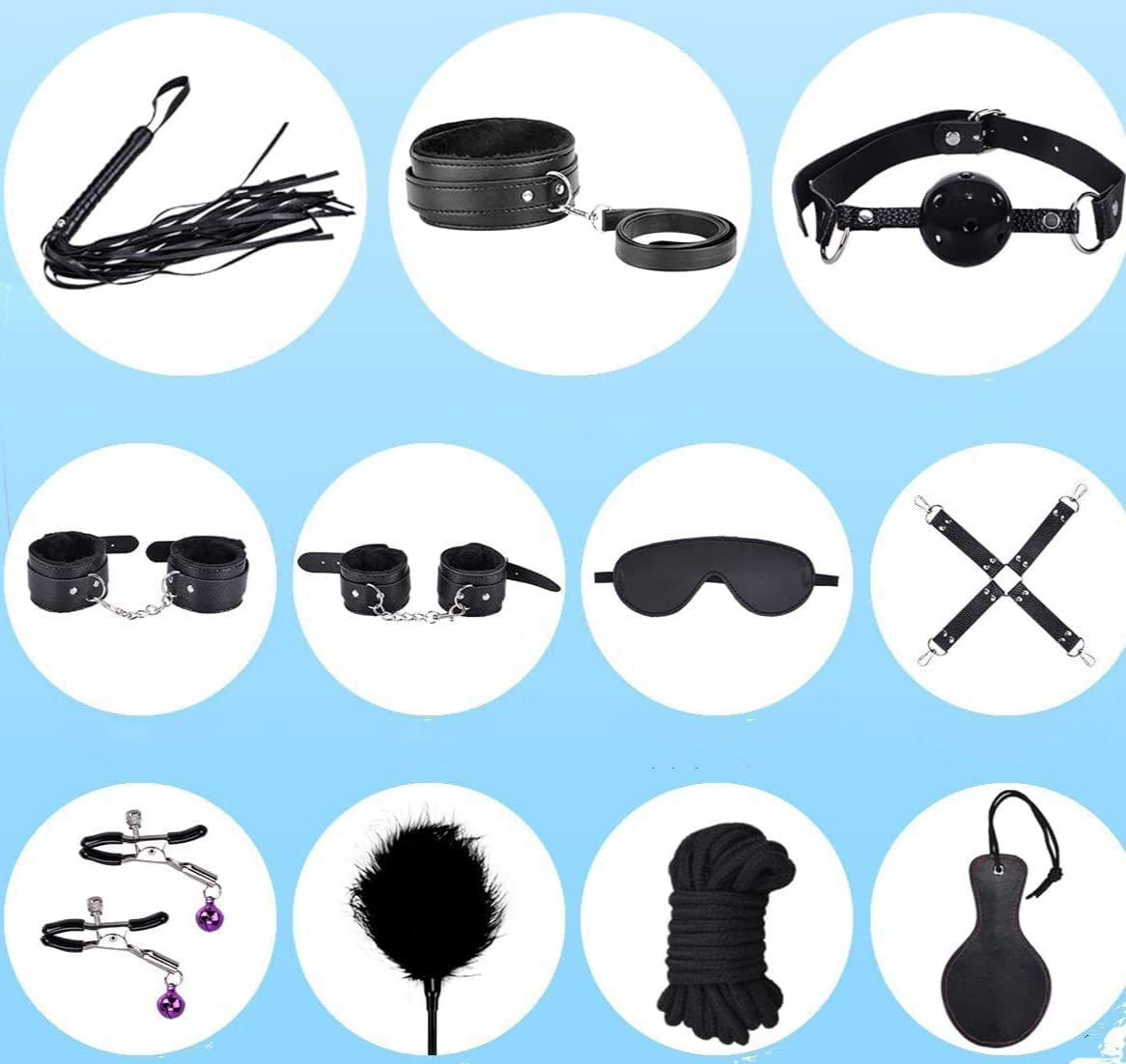 11 PCS SM Bondage Set, Extreme Sex, BDSM Bondage Sex Set for Couples, Handcuffs, Nipple Clamps, Gag and Eye Mask, Erotic SM Sex Toys for Beginners and SM Enthusiasts (Black)