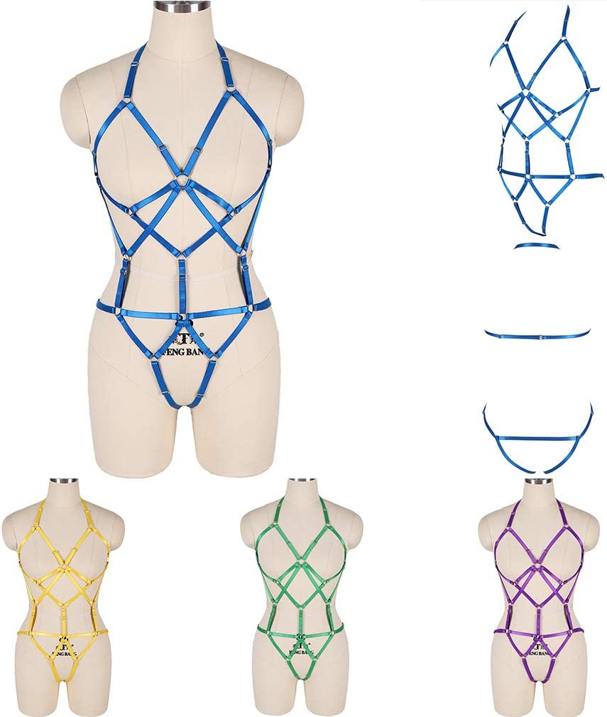 BBOHSS Womens Body Harness Lingerie Set Elastic Cage Bra Harness Garter Belt Gothic (Orange Yellow)