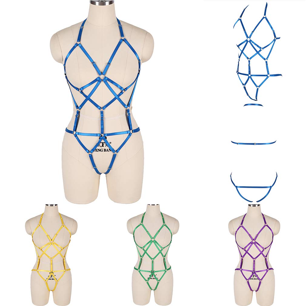 BBOHSS Womens Body Harness Lingerie Set Elastic Cage Bra Harness Garter Belt Gothic (Orange Yellow)