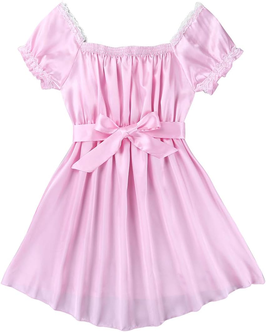 LiiYii Men's Sissy Lingerie Shiny Satin Dress Ruffled Frilly Crossdressing Pajamas Sleepwear Pink Large