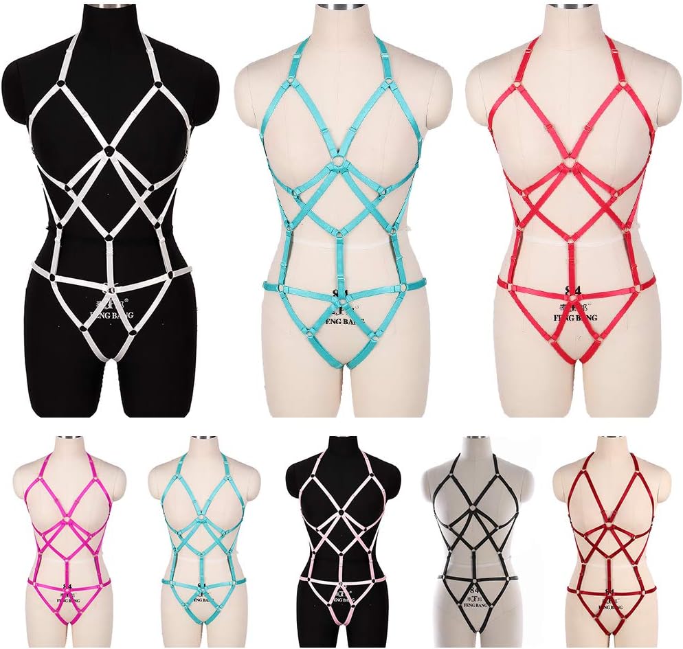 BBOHSS Womens Body Harness Lingerie Set Elastic Cage Bra Harness Garter Belt Gothic (Orange Yellow)