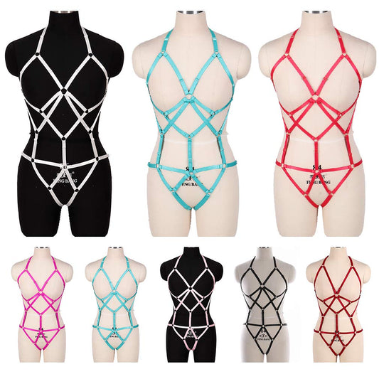 BBOHSS Womens Body Harness Lingerie Set Elastic Cage Bra Harness Garter Belt Gothic (Orange Yellow)