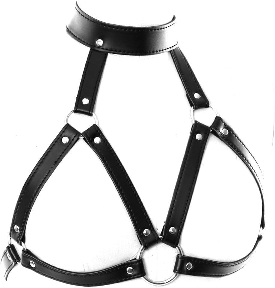 BBOHSS Ladies PU Leather Body Harness Bra Punk Gothic Bra Metal Chain Tassel Cage Rock Party Halloween Carnival (Black A)