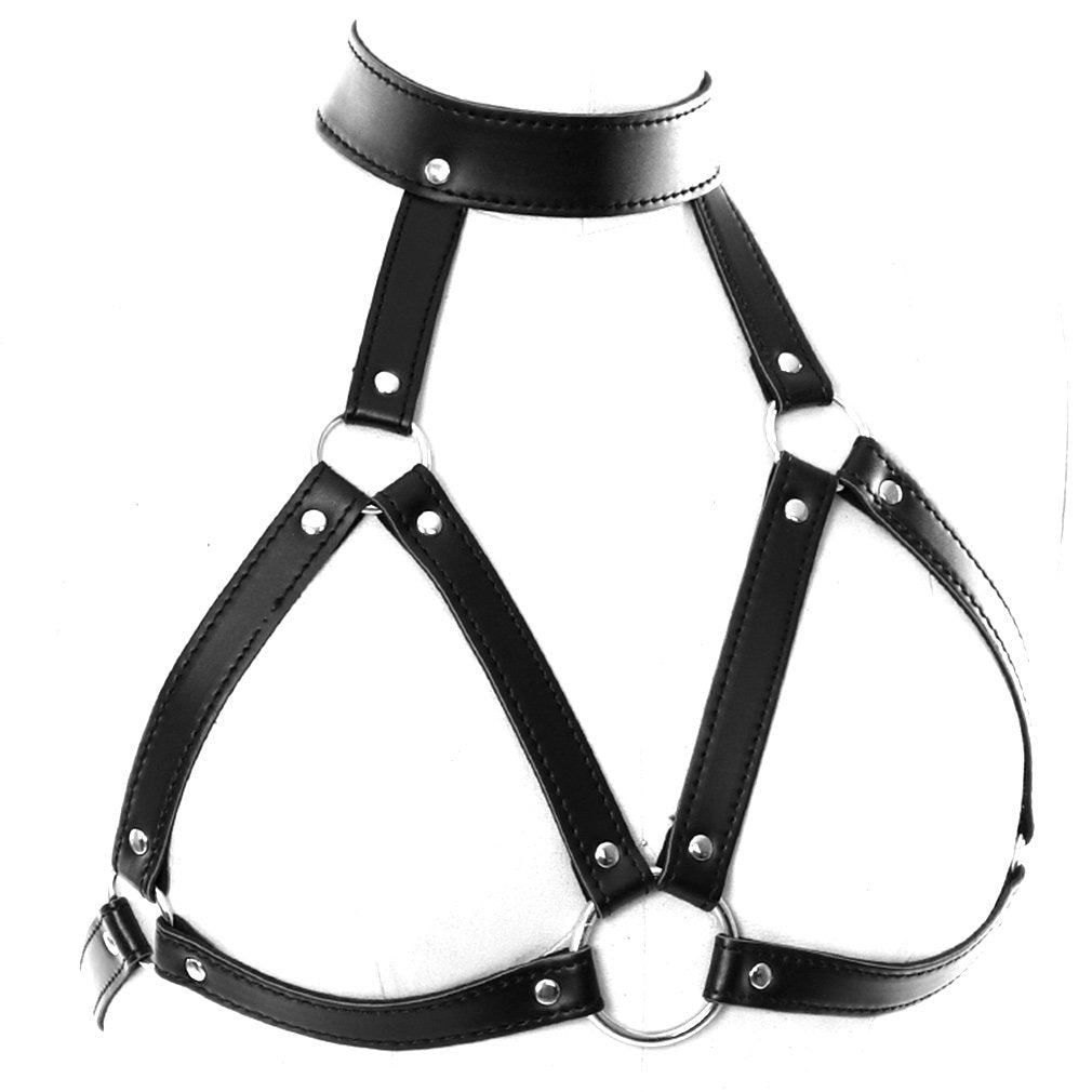 BBOHSS Ladies PU Leather Body Harness Bra Punk Gothic Bra Metal Chain Tassel Cage Rock Party Halloween Carnival (Black A)