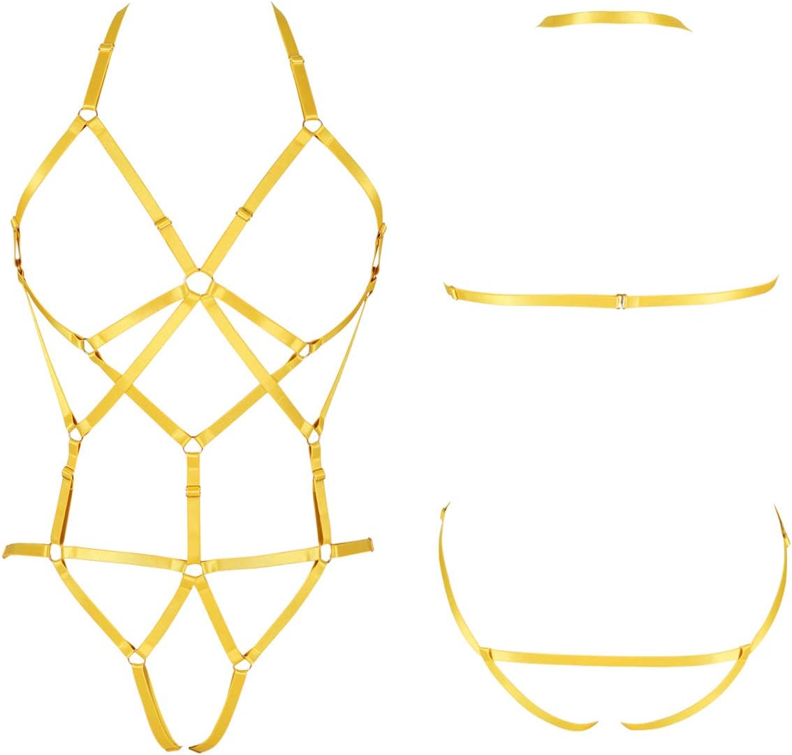 BBOHSS Womens Body Harness Lingerie Set Elastic Cage Bra Harness Garter Belt Gothic (Orange Yellow)