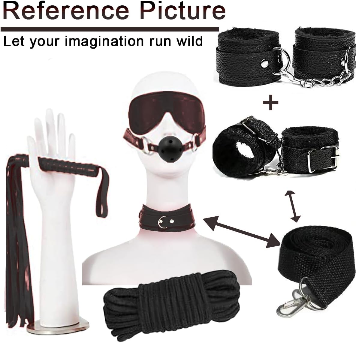 Bondage Restraints BDSM Kit - 7Pcs Leather Restraints Bdsm Toys, Adjustable Handcuffs & Ankle & Neck Cuff, Whip, Gags, Blindfold, Sex Rope, Adult Sex Toys & Games for Men & Women, Couples - Black