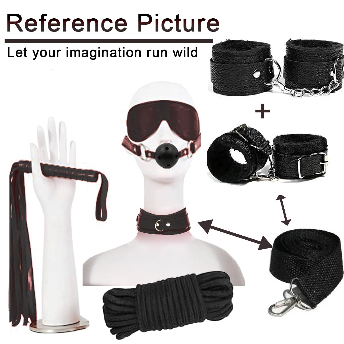 Bondage Restraints BDSM Kit - 7Pcs Leather Restraints Bdsm Toys, Adjustable Handcuffs & Ankle & Neck Cuff, Whip, Gags, Blindfold, Sex Rope, Adult Sex Toys & Games for Men & Women, Couples - Black