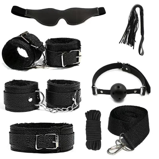 Bondage Restraints BDSM Kit - 7Pcs Leather Restraints Bdsm Toys, Adjustable Handcuffs & Ankle & Neck Cuff, Whip, Gags, Blindfold, Sex Rope, Adult Sex Toys & Games for Men & Women, Couples - Black