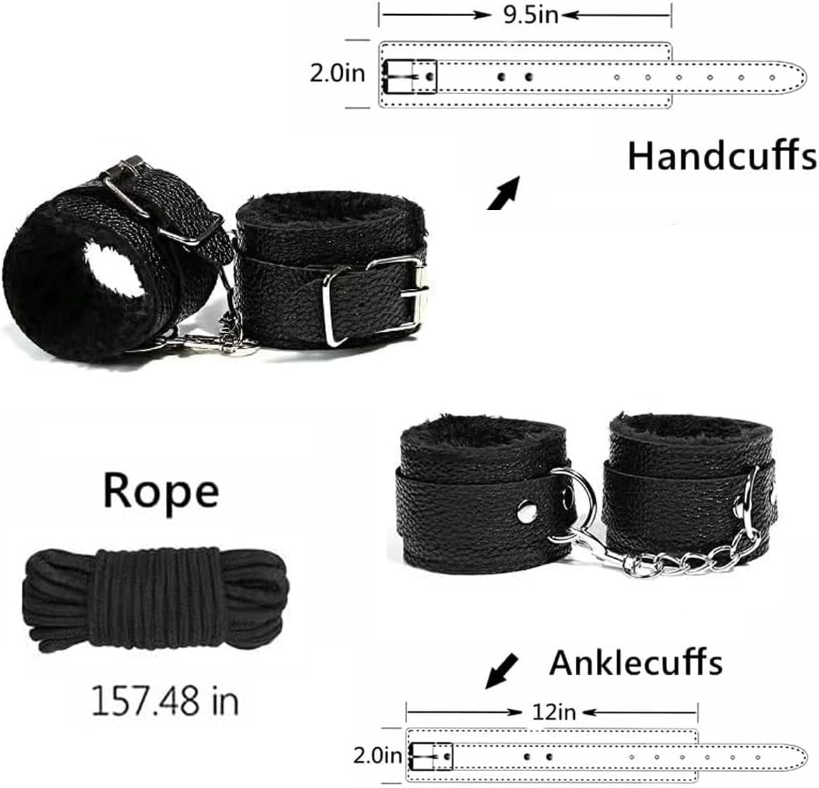 Bondage Restraints BDSM Kit - 7Pcs Leather Restraints Bdsm Toys, Adjustable Handcuffs & Ankle & Neck Cuff, Whip, Gags, Blindfold, Sex Rope, Adult Sex Toys & Games for Men & Women, Couples - Black