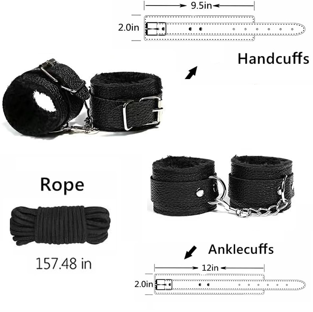 Bondage Restraints BDSM Kit - 7Pcs Leather Restraints Bdsm Toys, Adjustable Handcuffs & Ankle & Neck Cuff, Whip, Gags, Blindfold, Sex Rope, Adult Sex Toys & Games for Men & Women, Couples - Black